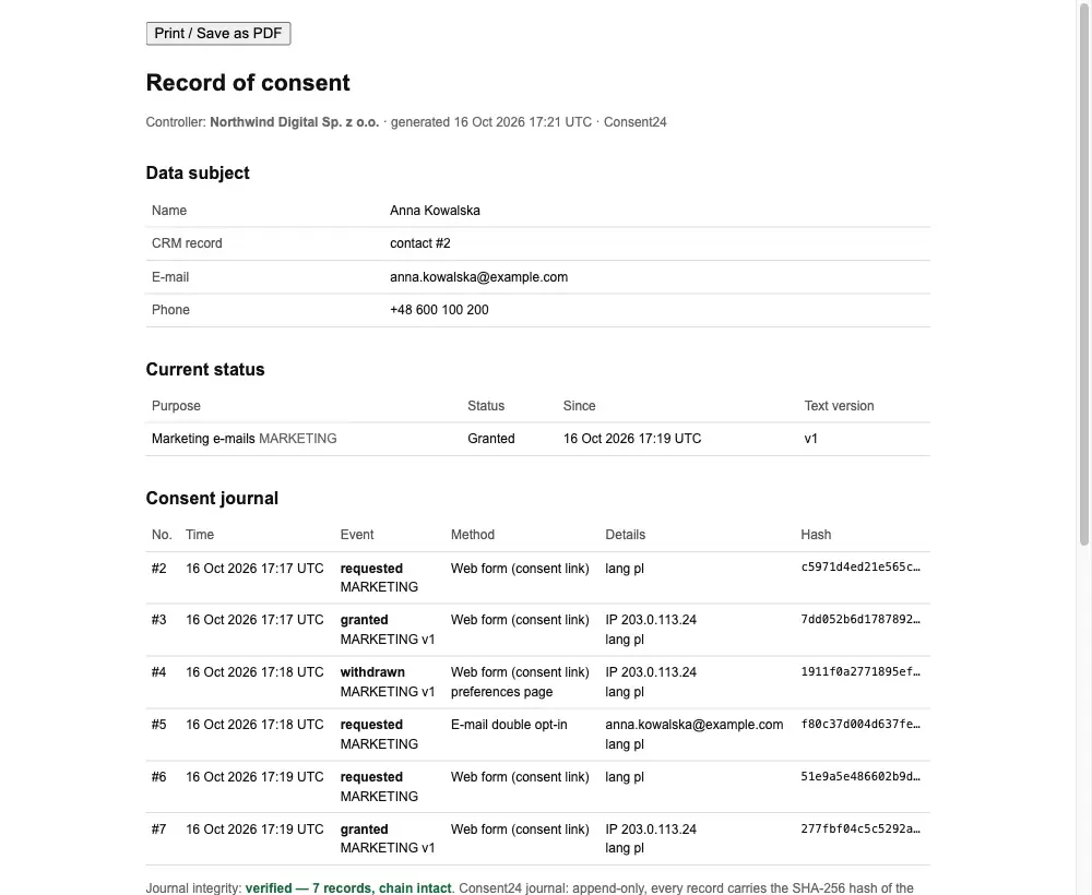 Consent24: record of consent with purpose, text version, method and integrity check