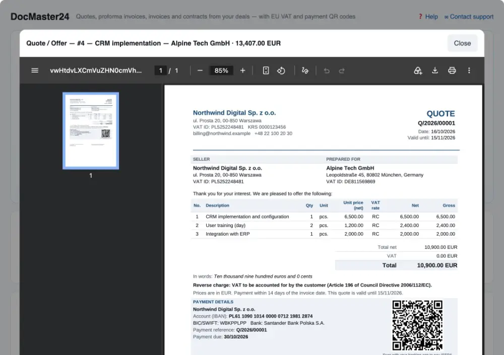 DocMaster24: preview of a quote generated from a deal, with VAT and payment QR code