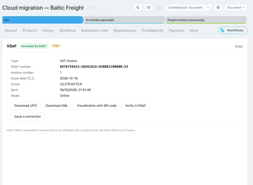 KSeF CRM: invoice tab showing an invoice accepted by KSeF with its KSeF number and UPO