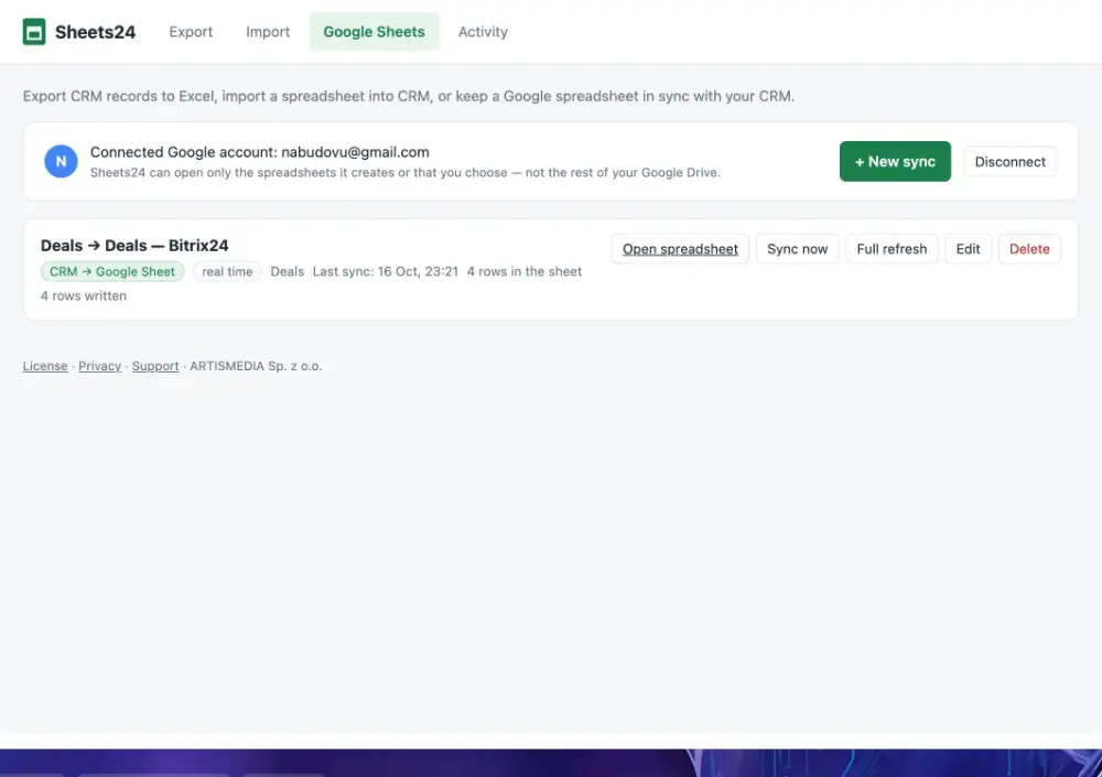 Sheets24: Google Sheets sync settings for CRM deals